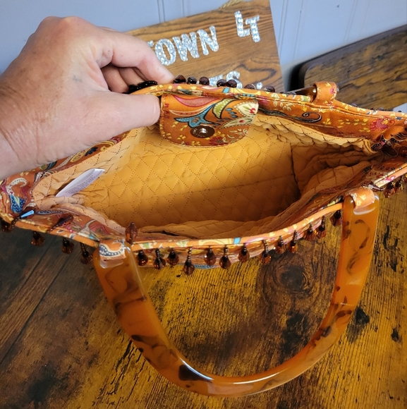 Vintage Talbots Orange Paisley handbag ,beaded ,tortoise Handles - Picture 4 of 11